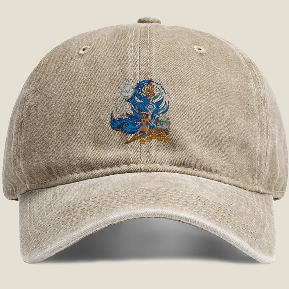 The Nightmare Before Christmas: Jack Skellington and Sally in a Magical Night Scene - Washed Denim - Baseball Cap