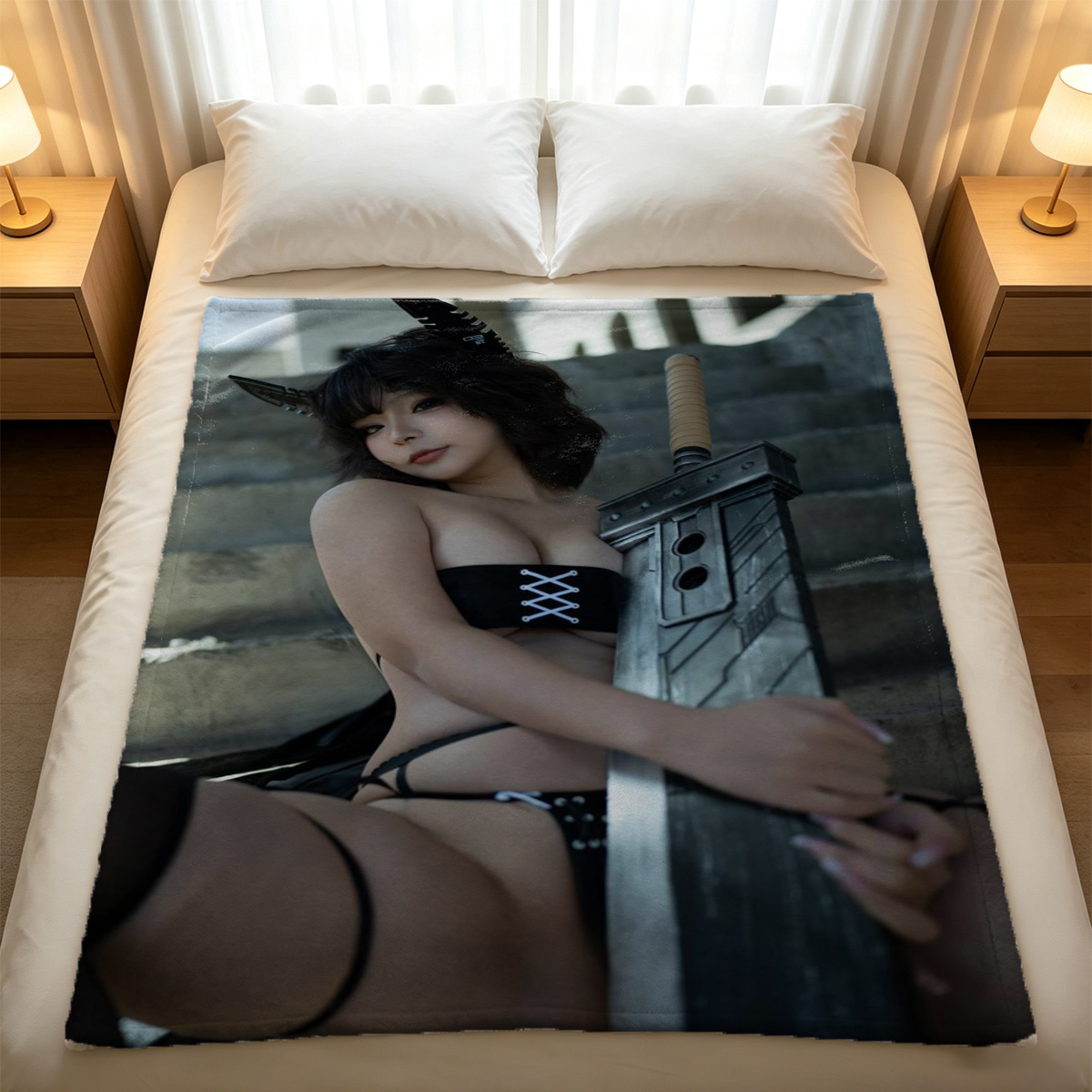 Nude Asian beauty in black lingerie and collar posing on luxury hotel bed. - Blanket