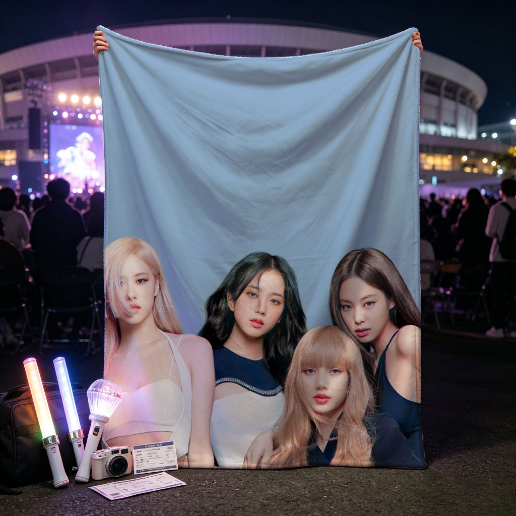 BLACKPINK Group Portrait - Four Members in Stylish Outfits Against Blue Background - Blankets