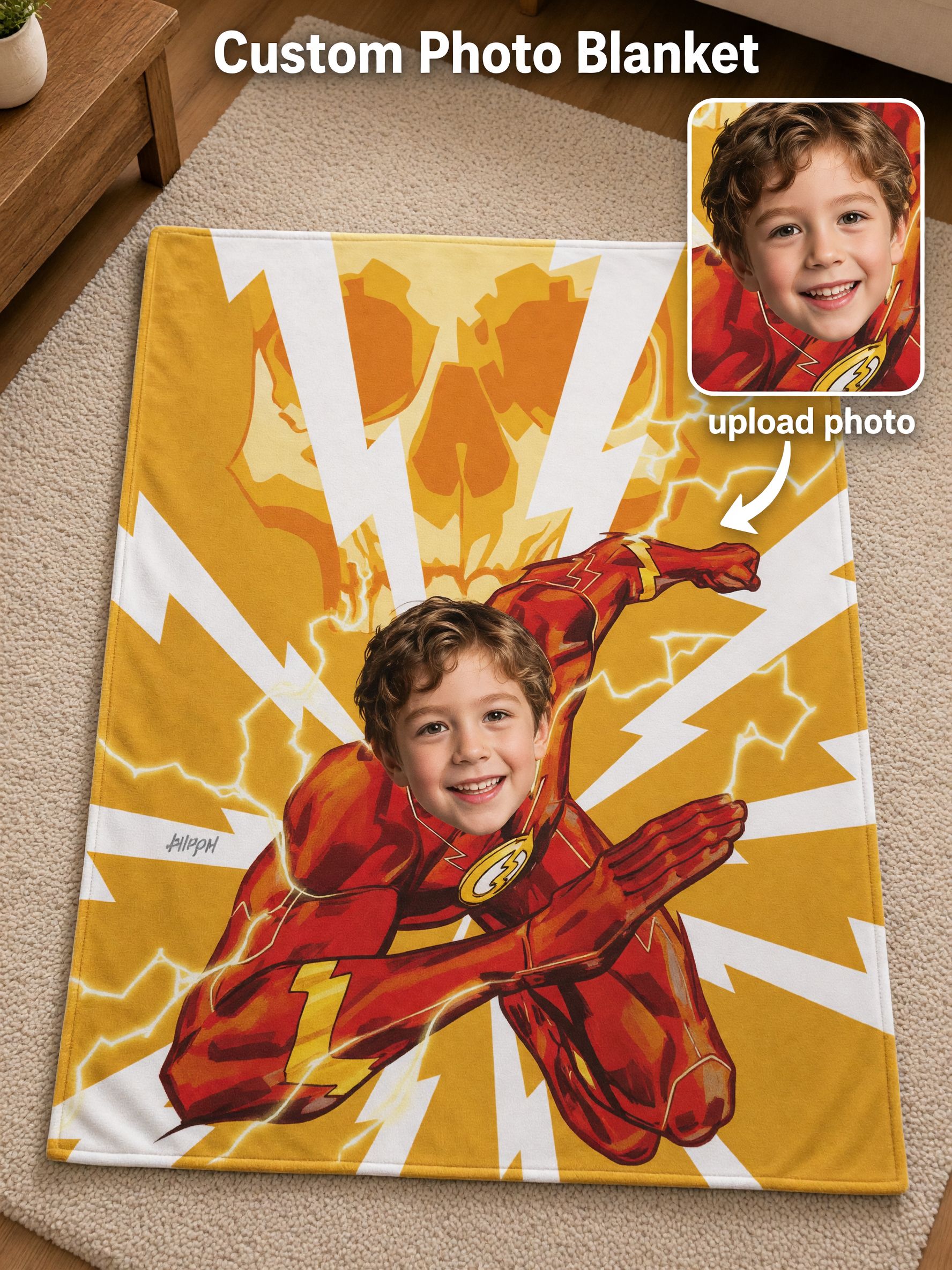 Personalized Superhero Face Photo Blanket, Custom Flannel Fleece Throw, Cozy Lightning Hero Keepsake Gift for Kids