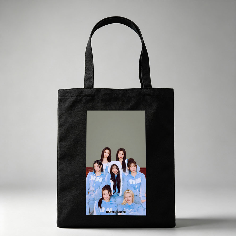 BABYMONSTER Group Photo in Matching Blue Outfits with Furry Hoodies and Minimalist Background - Canvas tote bags