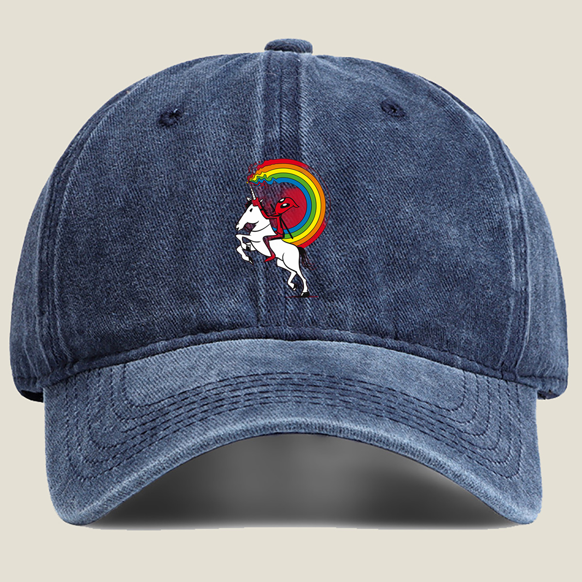 Unicorn Rider with Rainbow Trail - Washed Denim - Baseball Cap