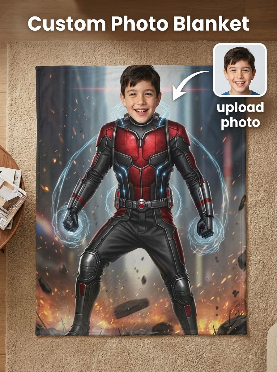 Personalized Superhero Face Photo Blanket Custom Flannel Fleece Throw for Kids Boys Bedroom Sofa Cozy Bedding Gift