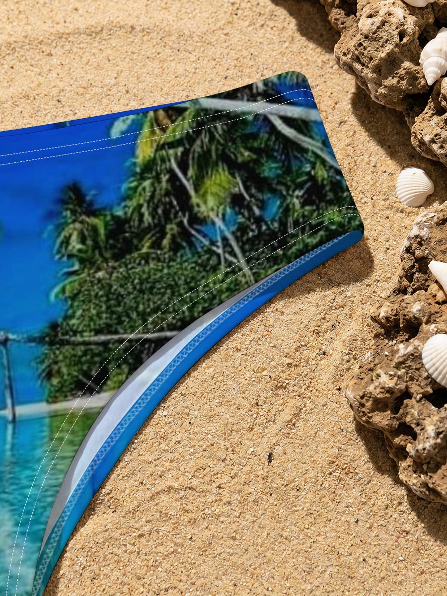 Crystal clear waters and swaying palms on a tropical paradise island under a vibrant blue sky. -  Men's swim trunks