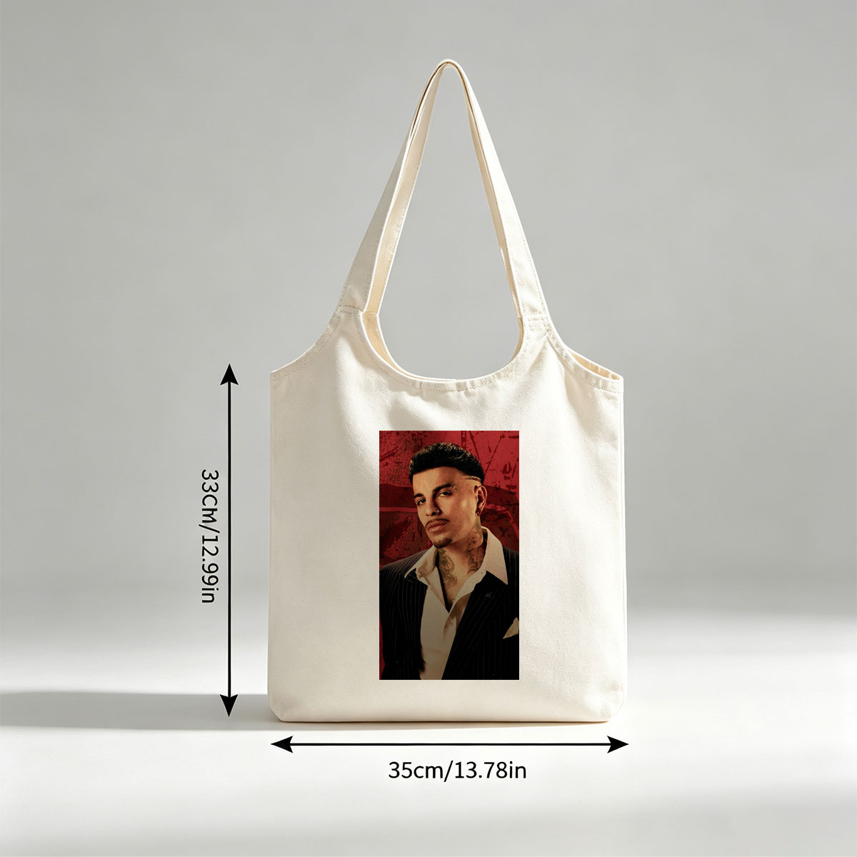 Bad Bunny in a Sharp Suit with Visible Neck Tattoos Against a Red Grunge Background - Canvas shoulder bags/
