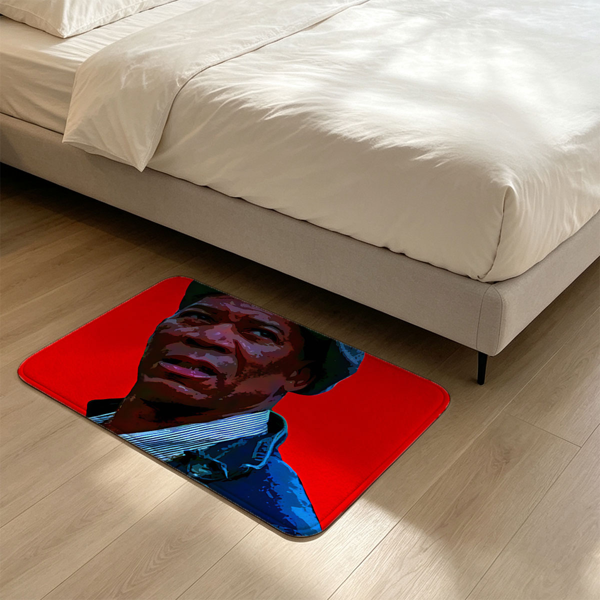 Morgan Freeman in a blue cap and jacket against a red background - Flannel floor mat