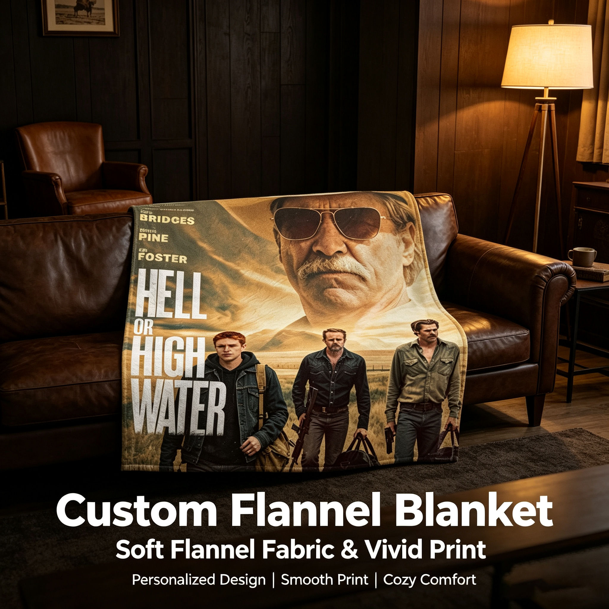Custom Face Blanket Hell or High Water Movie Poster Flannel Blanket Perfect for Couch Watching and Movie Nights Ideal Gift for Fans of Western Films and Chris Pine