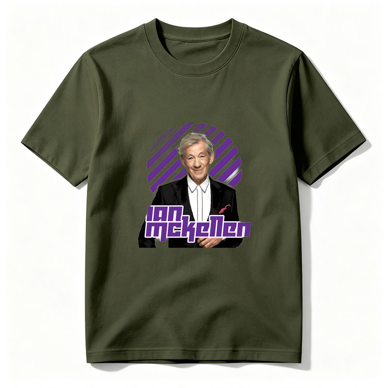 Ian McKellen in a formal suit with a purple and black striped background - Tee