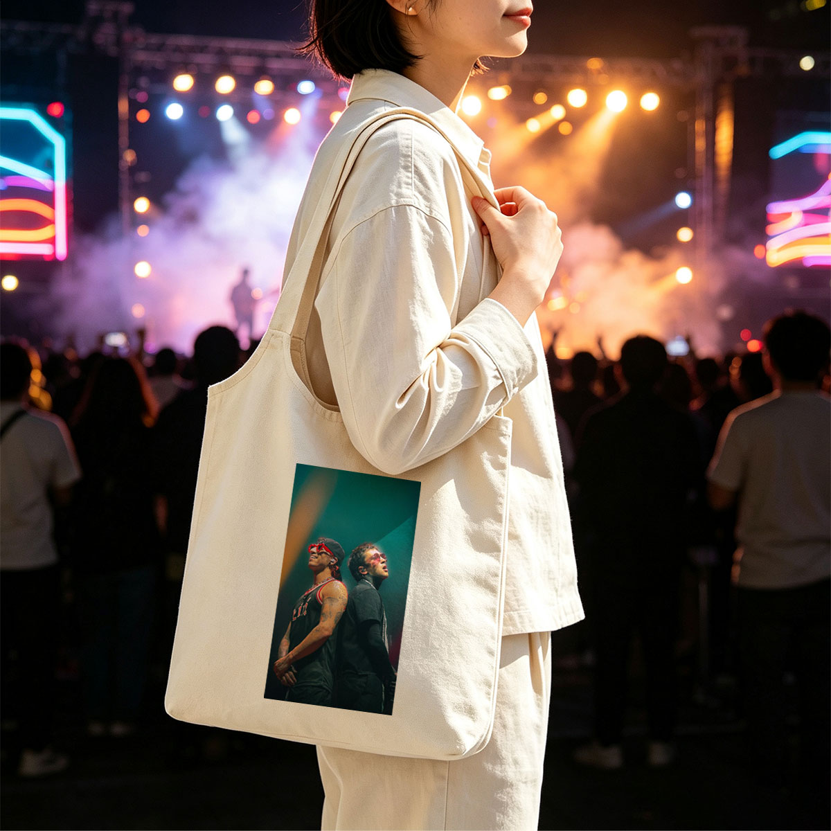 Lil Wayne and The Weeknd on Stage Performing at a Concert - Canvas shoulder bags/
