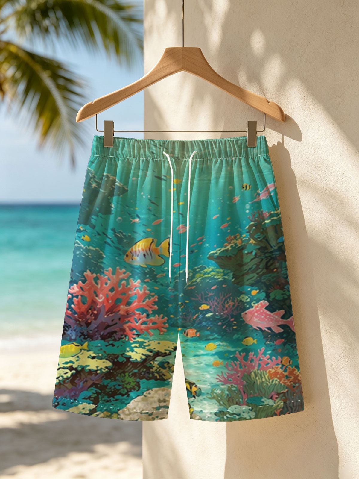 Vibrant Coral Reef with Colorful Fish and Sunlight Rays -  Beach shorts