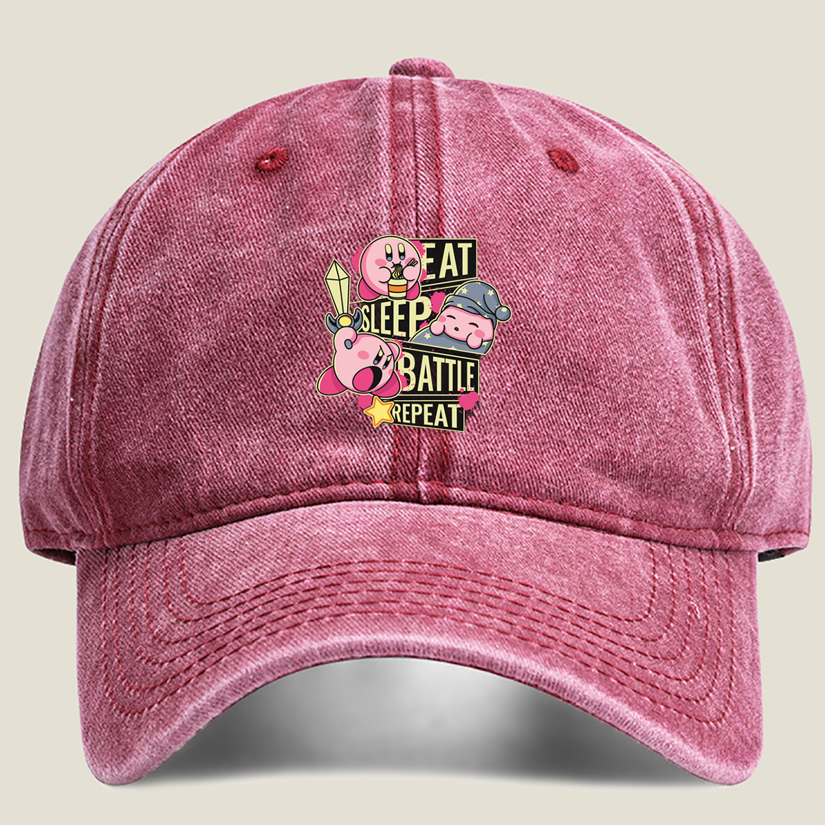 Kirby: Eat, Sleep, Battle, Repeat - Washed Denim - Baseball Cap
