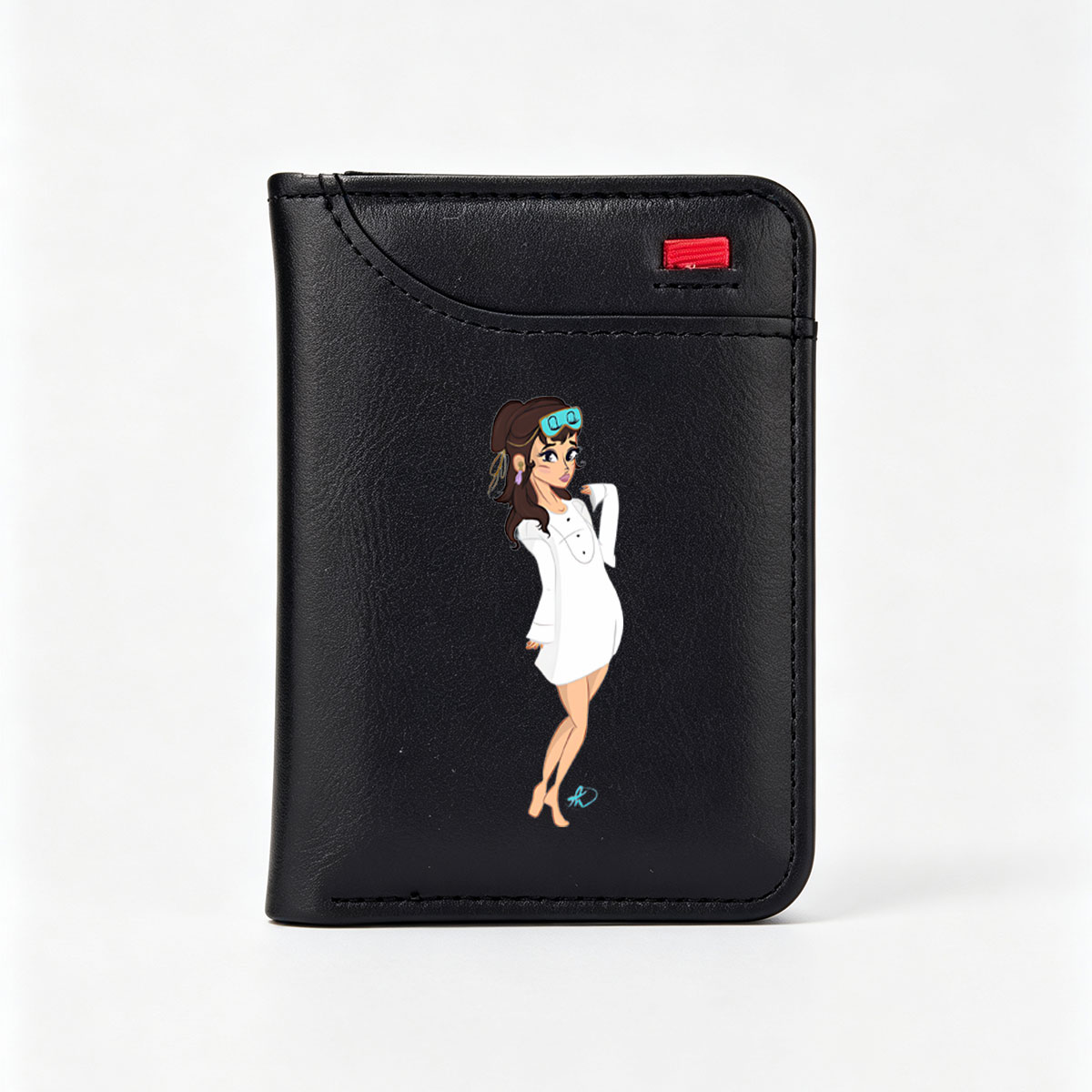 Cartoon Woman in White Dress with Goggles and Purple Earrings - Vertical Style Wallet
