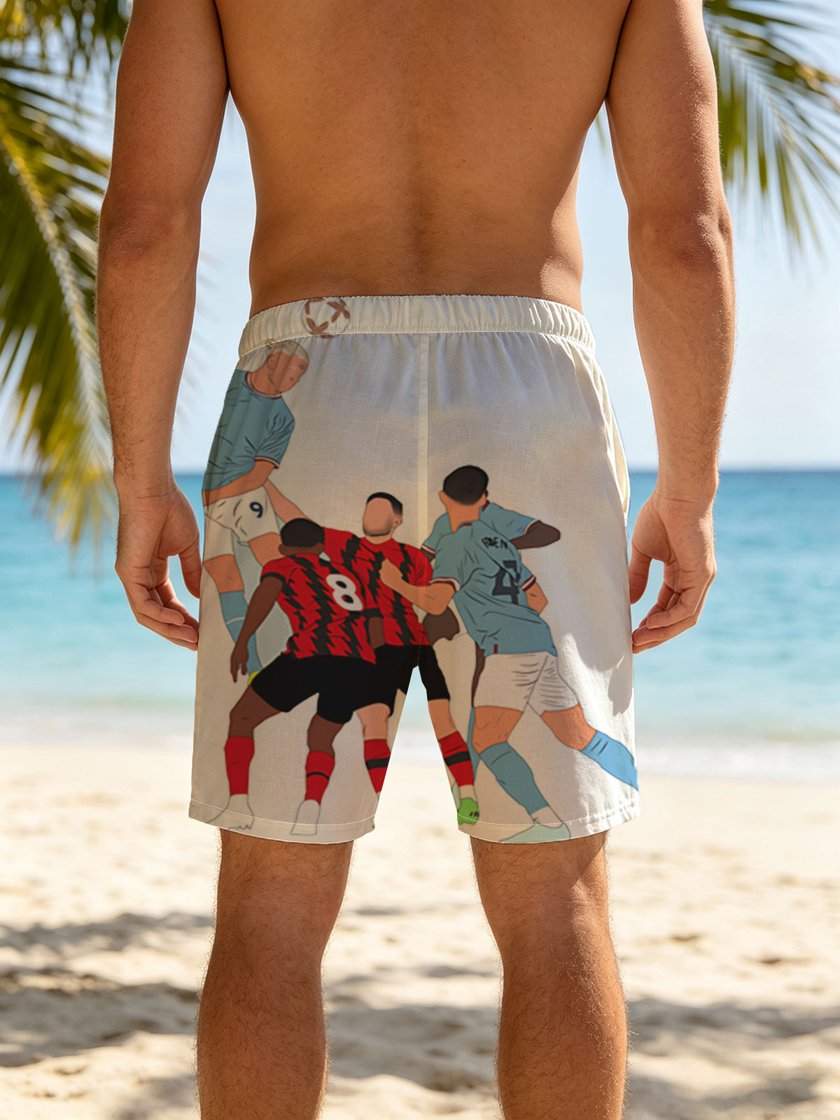 Soccer Players in Action: Blue vs Red Team Duel for Header -  Beach shorts