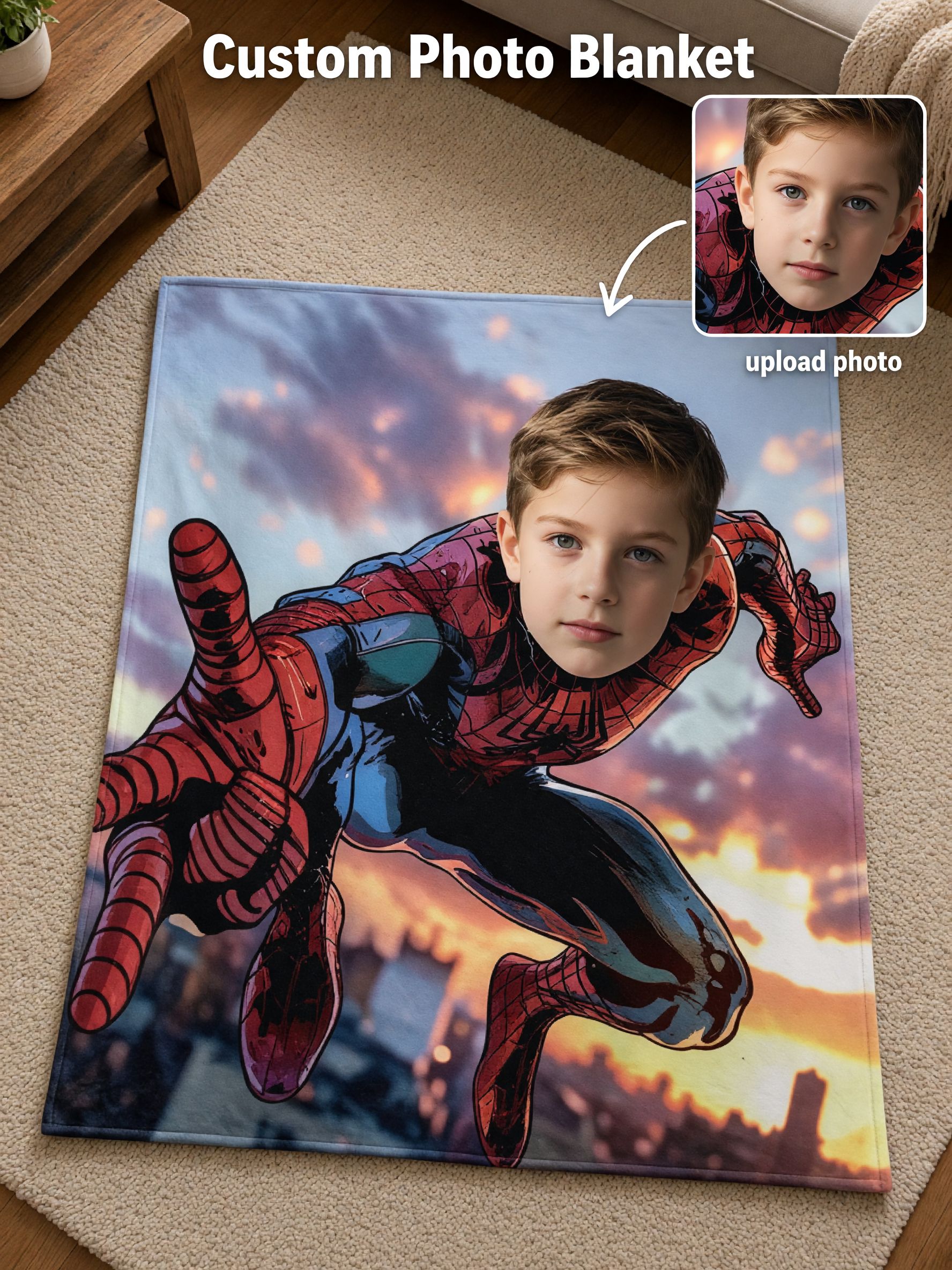 Custom Face Superhero Blanket Personalized Photo Flannel Fleece Throw Skin Friendly Anti Pilling Warm Bed Couch Travel