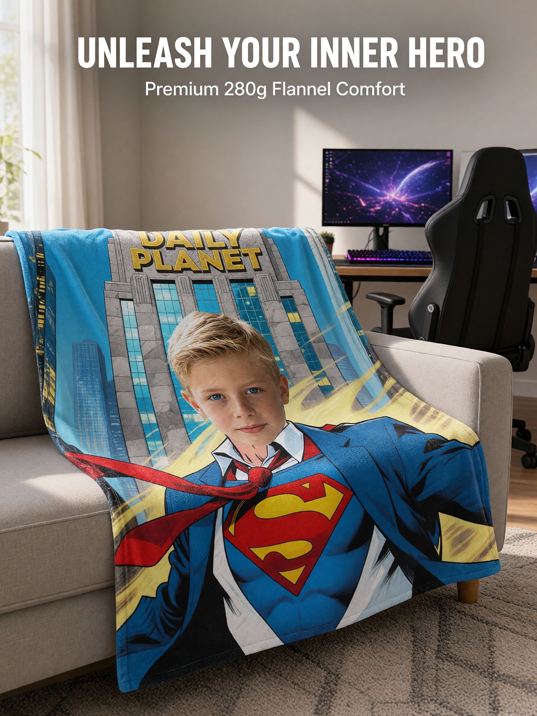 Custom Superhero Photo Face Blanket Ultra Soft Flannel Throw Personalized Comic Gift for Boys Kids Bed Sofa Couch Decor