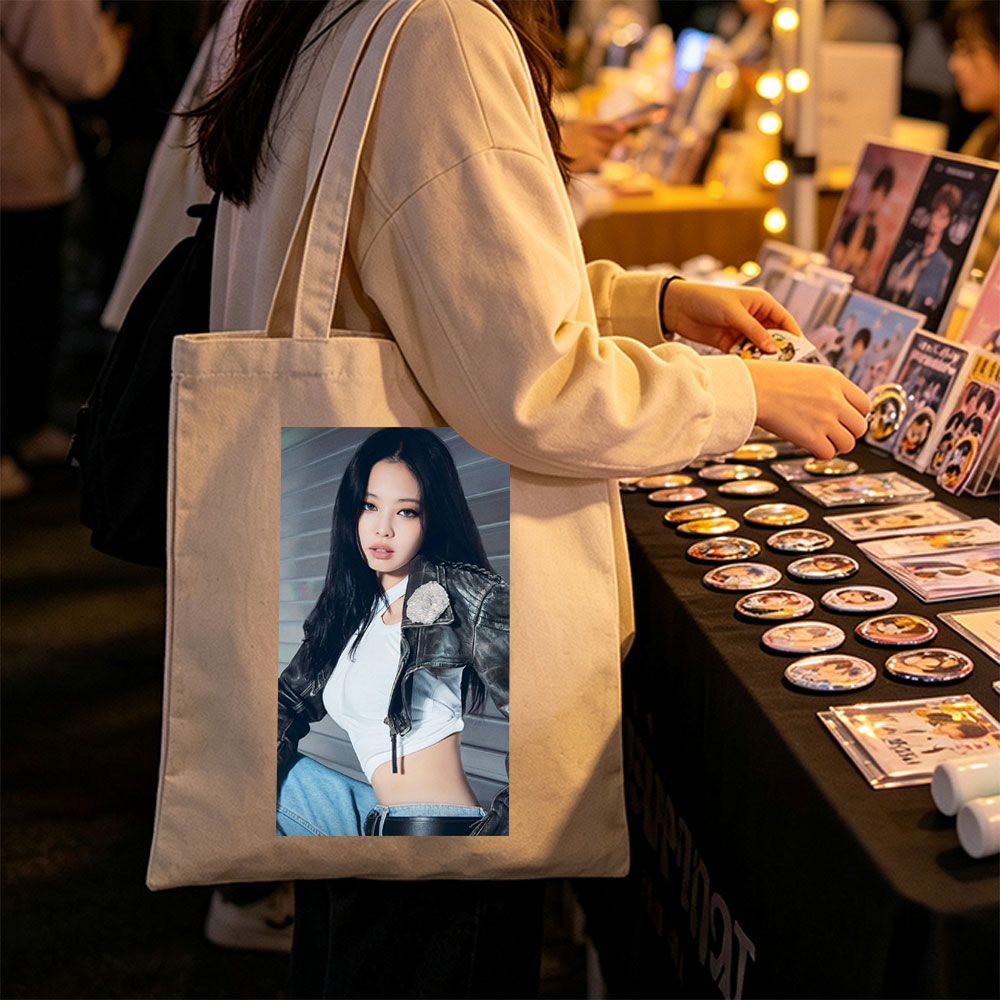 Jennie Kim in a Stylish Leather Jacket and Crop Top Pose - Canvas tote bags