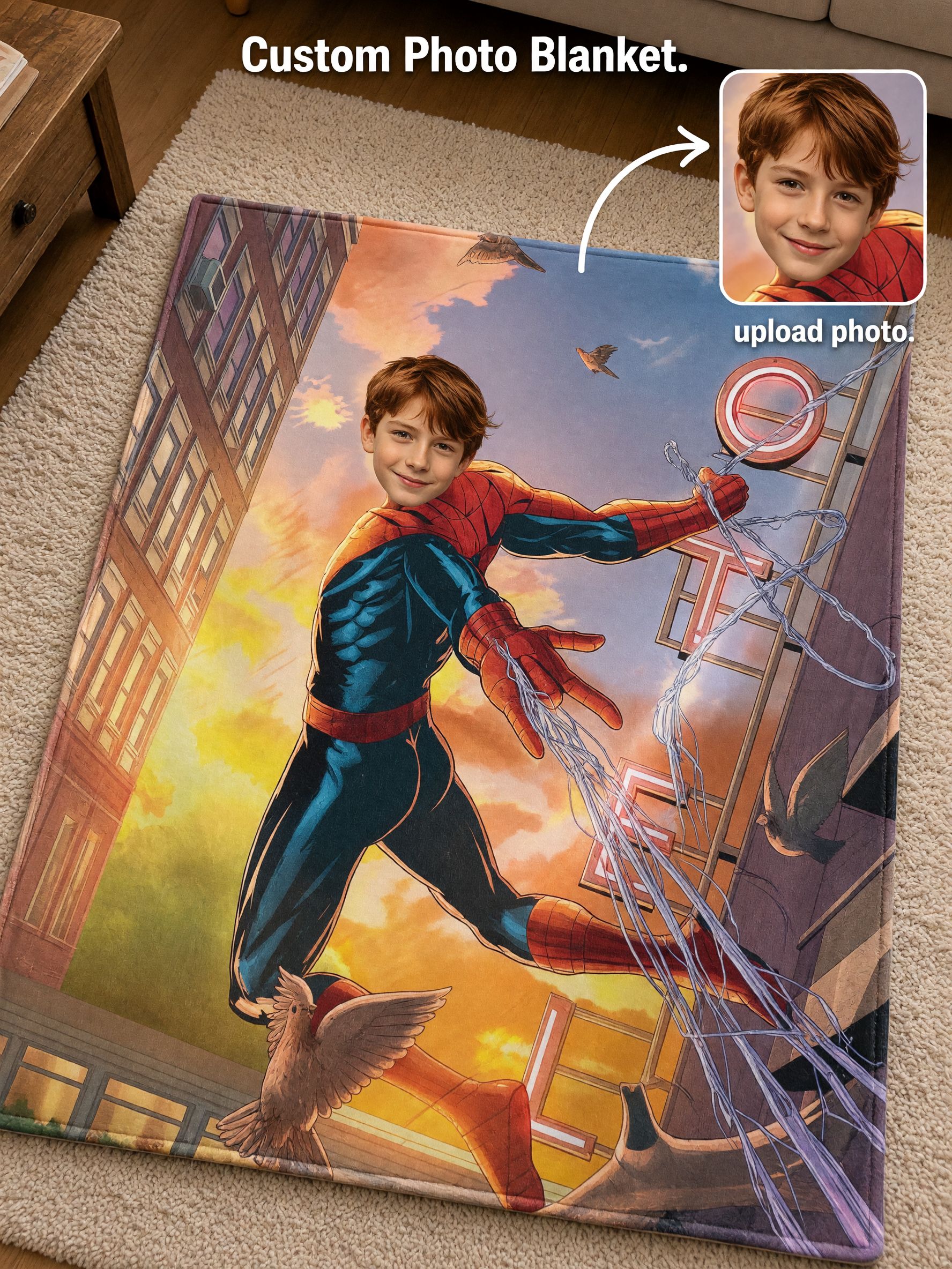 Custom Superhero Photo Face Flannel Blanket Ultra Soft Anti Pilling Personalized Portrait Throw Keepsake Gift for Bed