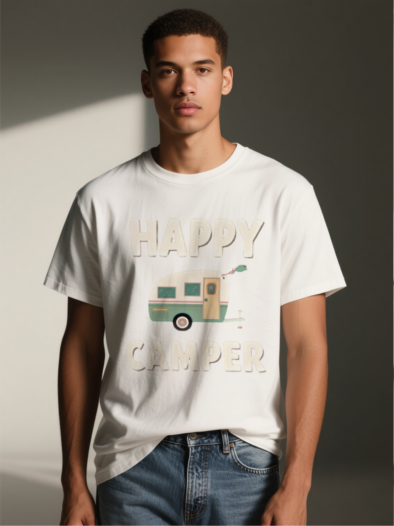 Men's Happy Camper Print T-Shirt with Vintage RV Graphic and Fun Text, Casual Round Neck Lightweight Breathable Summer Short Sleeve Tee for Outdoor Adventures, Camping Enthusiasts, Travel Lovers and Nature Seekers