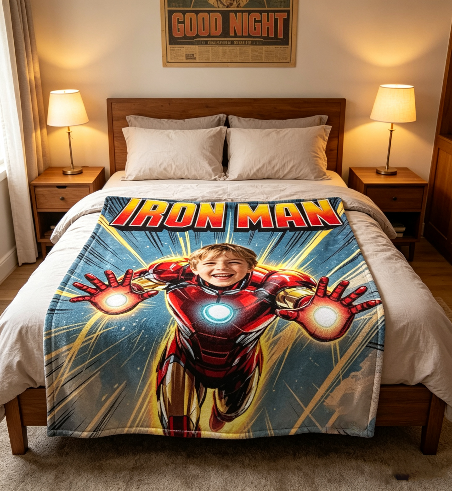 Personalized Iron Man Photo Blanket Custom Upload Face Flannel Throw Blanket Gift for Superhero Fan Boys