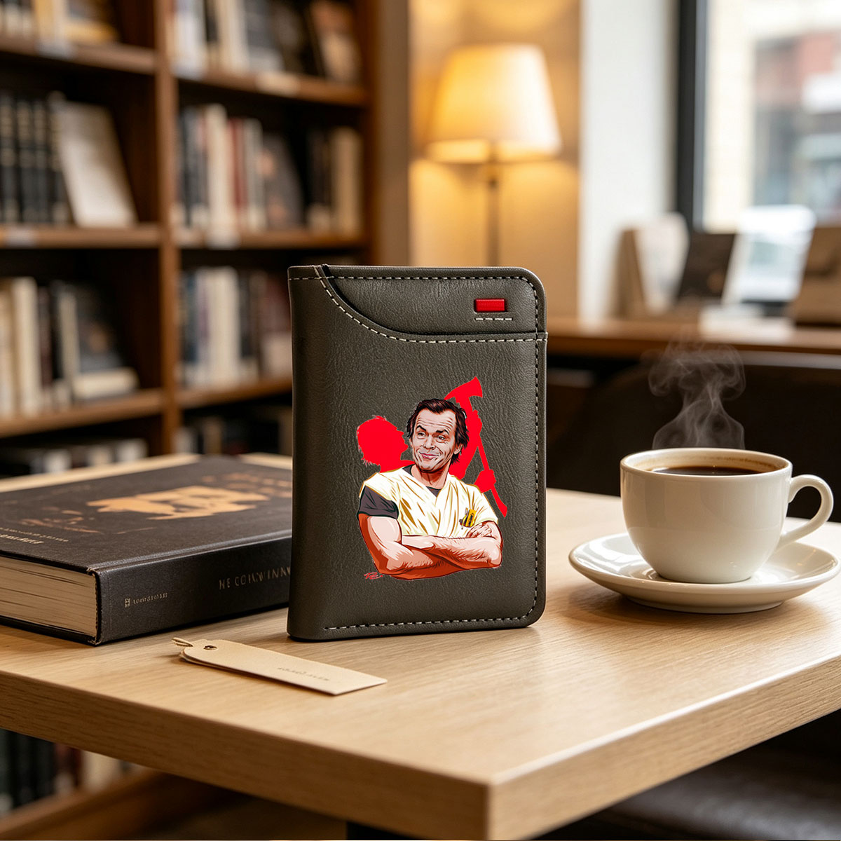Jack Nicholson as the Joker, iconic villain from Batman, depicted in a stylized caricature with a menacing grin and chaotic red background. - Vertical Style Wallet