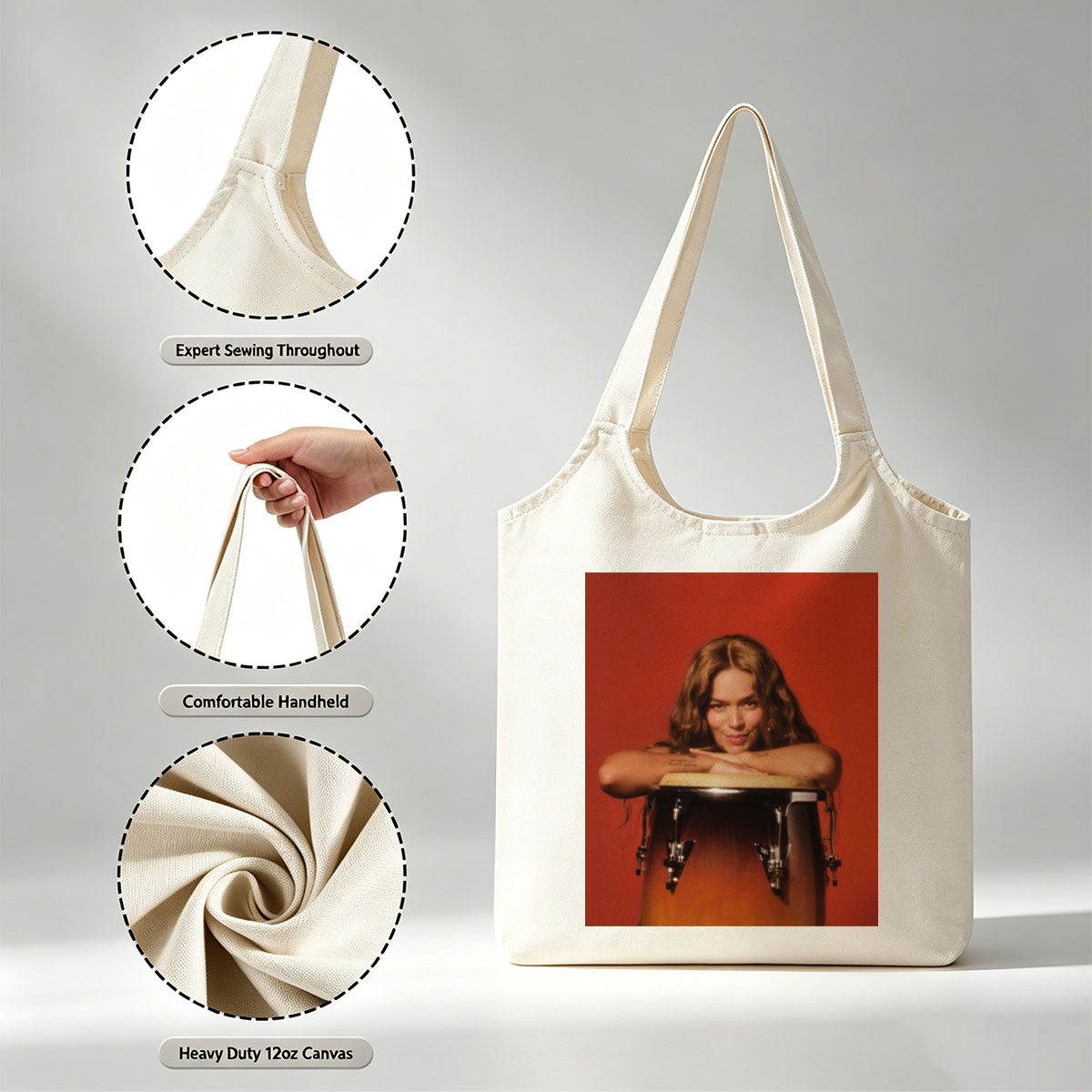 Maren Morris Leaning on a Conga Drum Against a Red Background - Canvas shoulder bags/