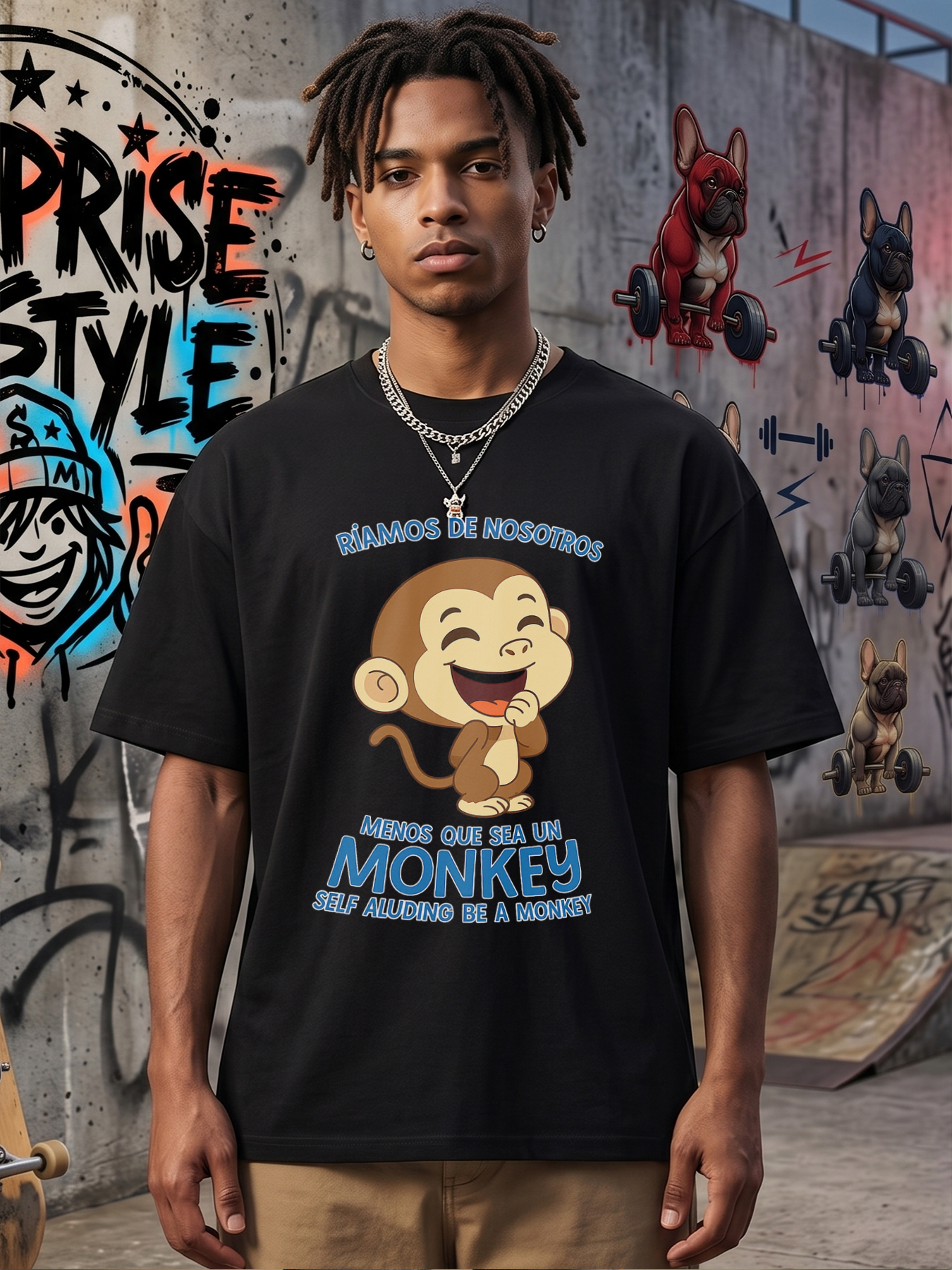 Men's Printed T-Shirt Featuring Laughing Monkey Cartoon with 