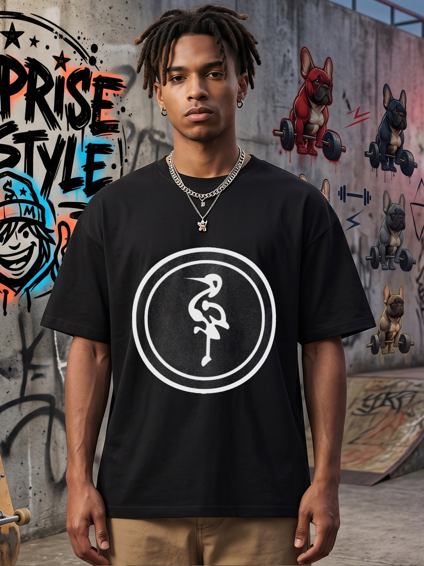 Men's Printed T-Shirt with Minimalist Heron Bird Design in Oval Frame - Casual Round Neck Lightweight Breathable Summer Short Sleeve Tee for Outdoor Activities, Nature Lovers, and Urban Streetwear Enthusiasts
