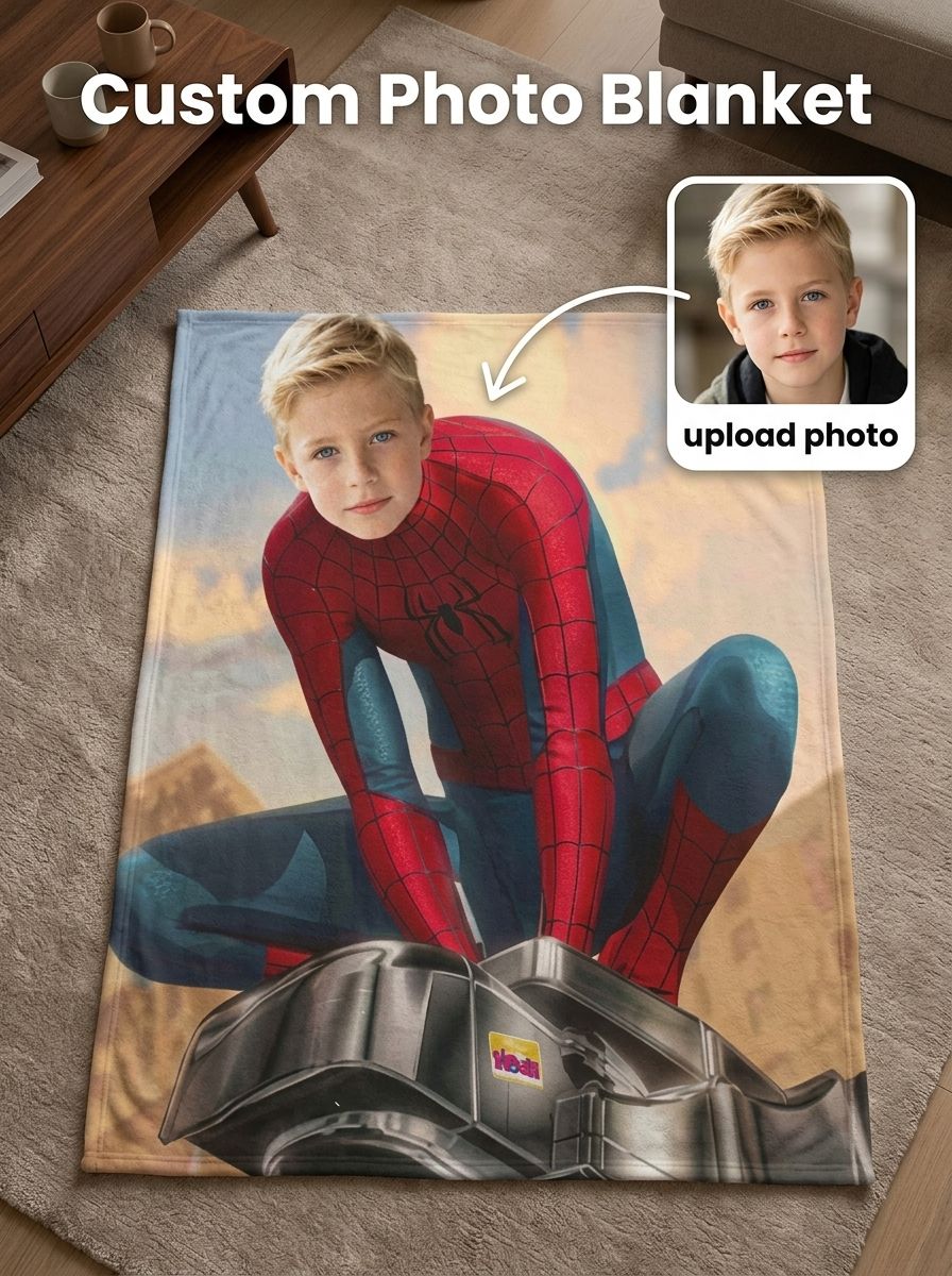 Custom Face Superhero Flannel Blanket, Personalized Photo Plush Throw for Kids and Adults, Cozy Warm Bed Couch Gift