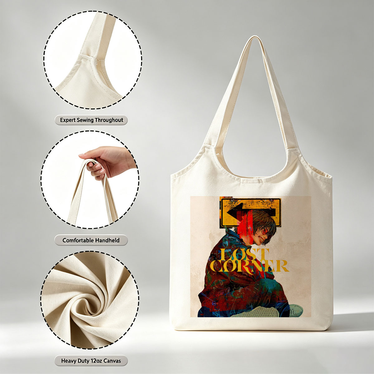 Lost Corner Band in Urban Scene with Graffiti-Style Art and Directional Sign - Canvas shoulder bags/