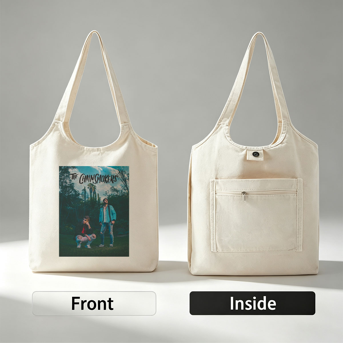 The Chainsmokers in a Lush Garden with Palm Trees and Vibrant Outfits - Canvas shoulder bags/