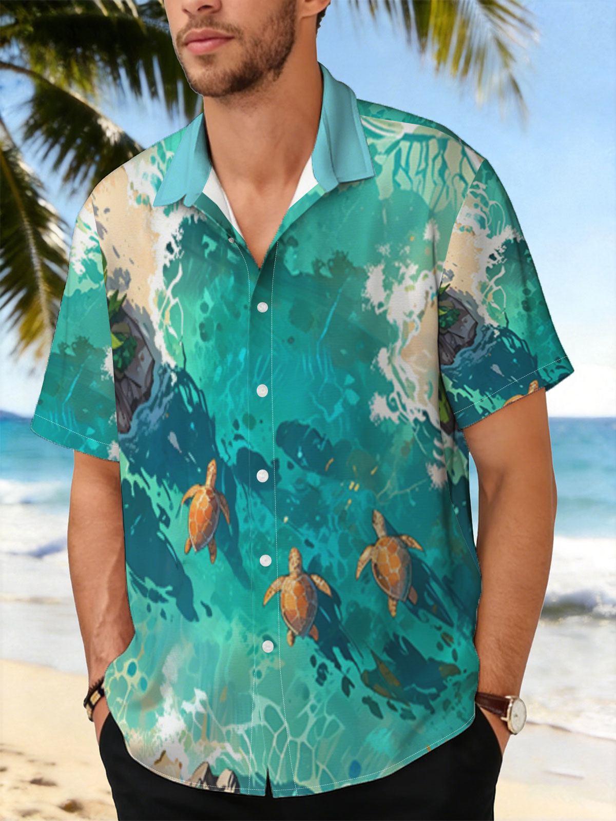 Turtles swimming in crystal-clear tropical waters near sandy shores and palm trees. -  Shirt