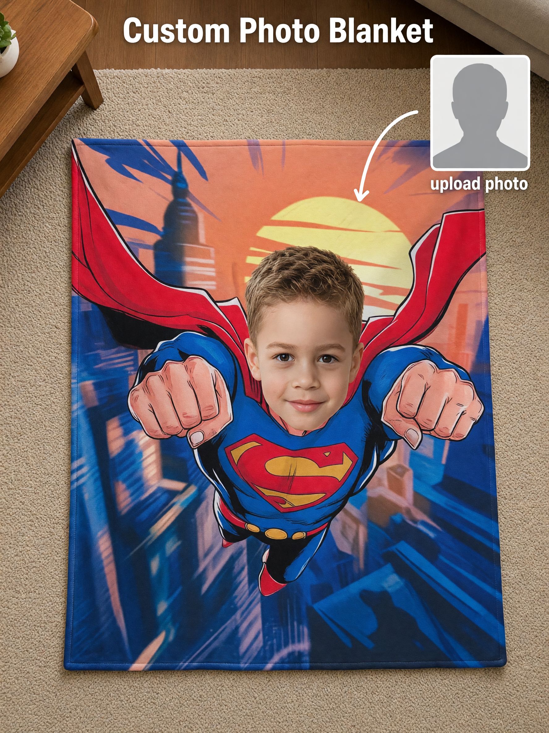 Custom Photo Superhero Blanket, Personalized Face Flannel Throw, Ultra Soft Skin-Friendly Fleece for Bed Couch Travel
