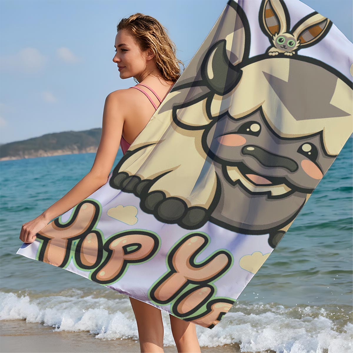 Yip Yip: A Cute Buffalo with a Bunny on Its Back - Beach towels