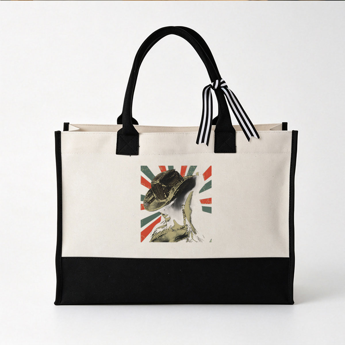 Mysterious Figure in Cowboy Hat Against Bold Striped Background - Canvas patchwork gift tote bag