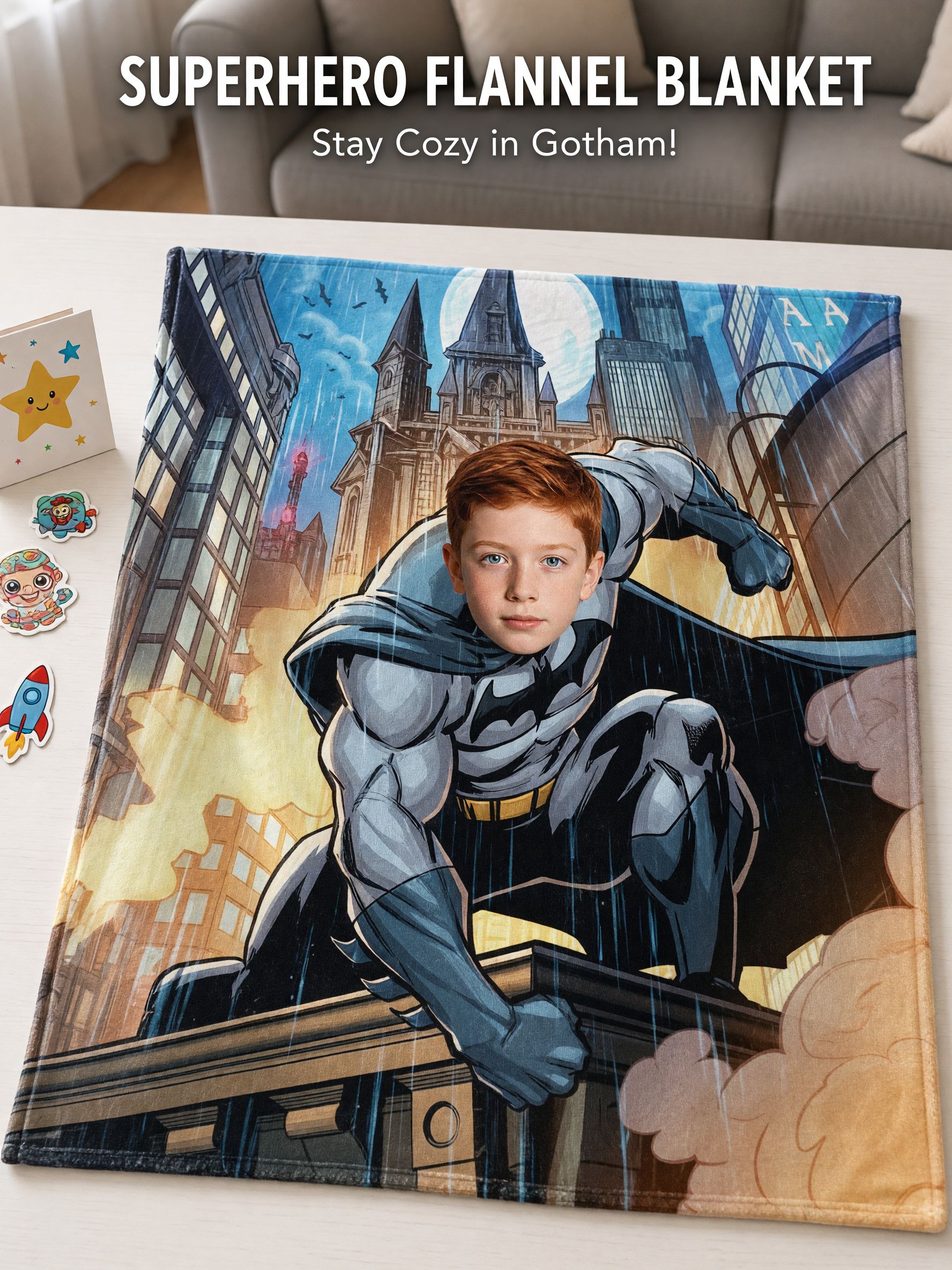 Personalized Superhero Photo Face Blanket Ultra Soft Flannel Fleece Throw Custom Novelty Gift for Kids and Family