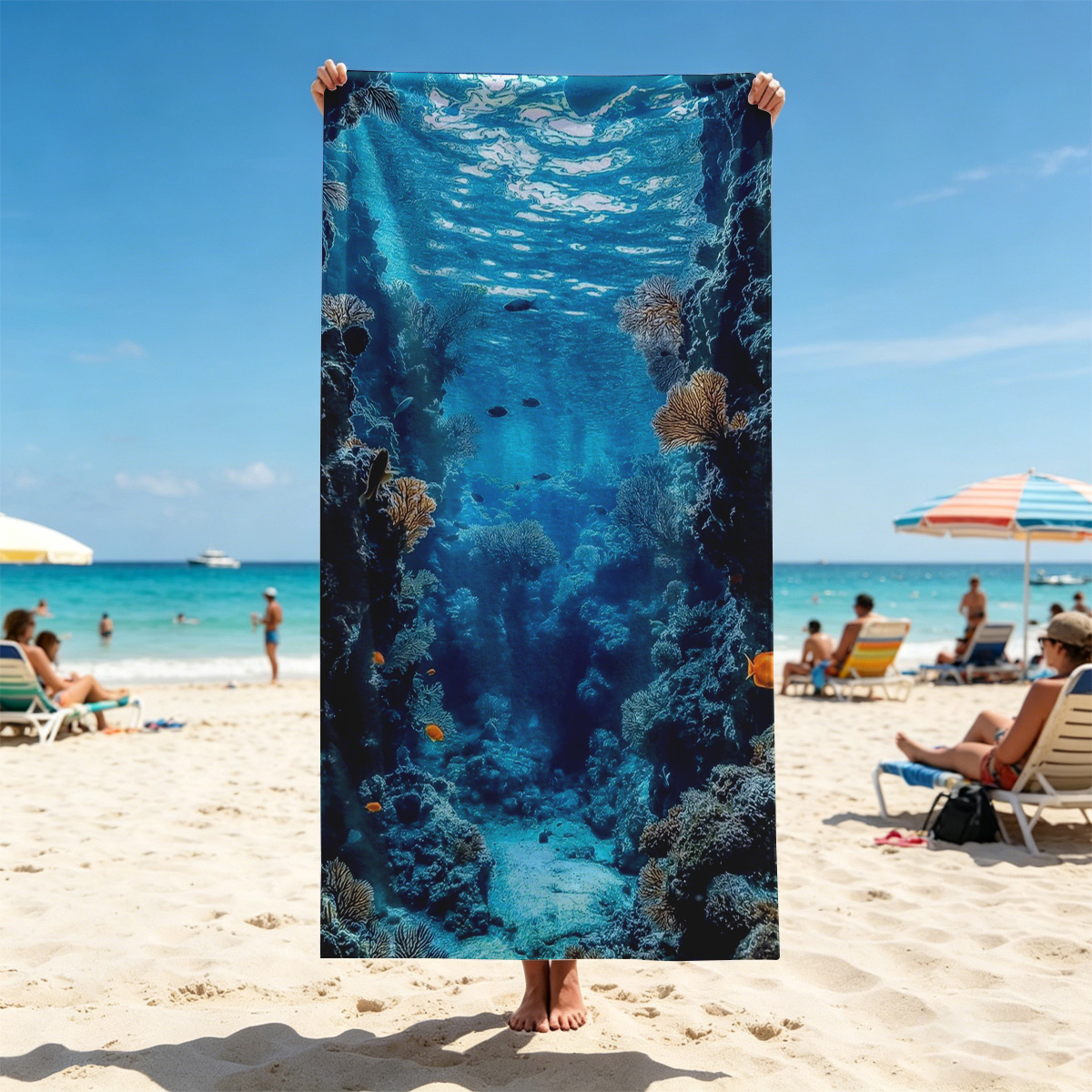 Underwater Coral Cave with Sunlight and Fish - Beach towels