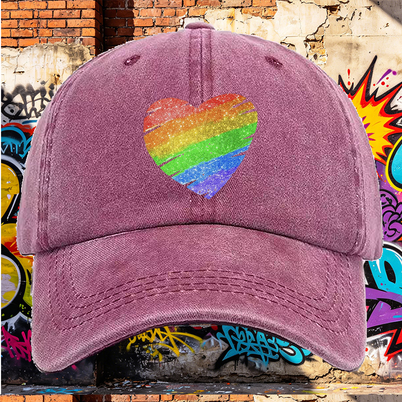Men's Rainbow Heart Print Washed Cap Casual Round Brim Summer Lightweight Hat for Outdoor Activities and Pride Events Adults Unisex Fashion Accessory