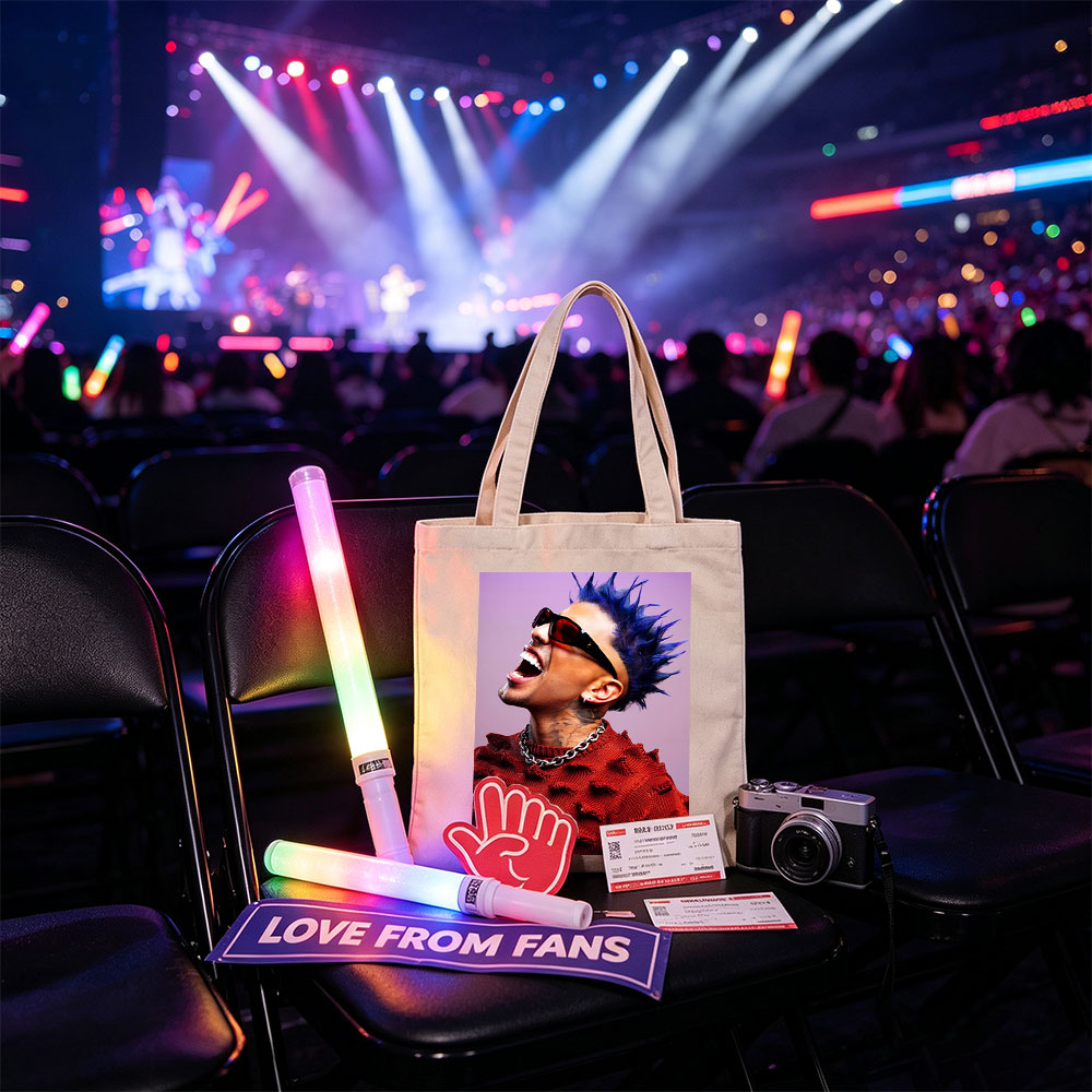 Daddy Yankee in a Bold Red Sweater with Spiky Blue Hair and Sunglasses, Laughing Loudly Against a Purple Background - Canvas tote bags