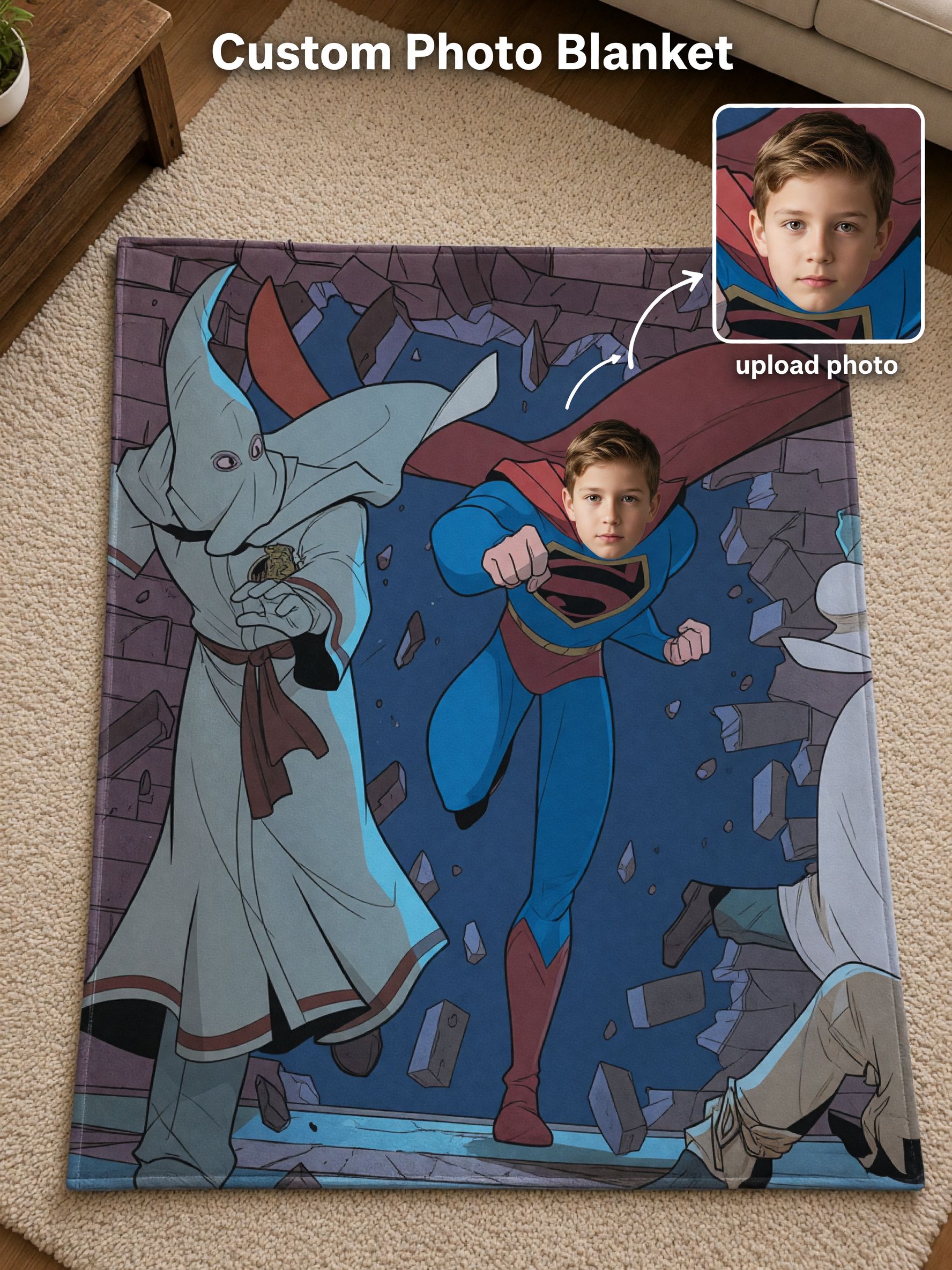 Custom Face Superhero Flannel Blanket, Personalized Comic Graphic Fleece Throw, Warm Cozy Gift for Family and Friends