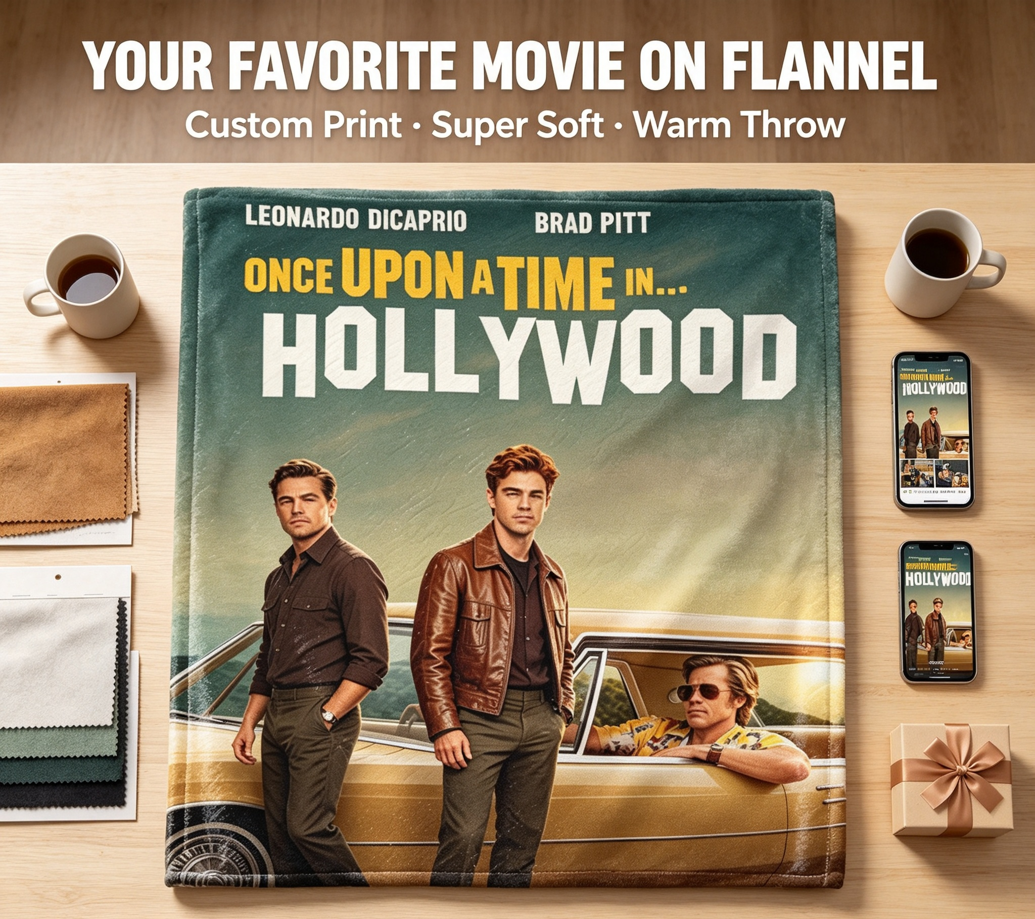 Custom Face Blanket Once Upon a Time in Hollywood Flannel Blanket Movie-Themed Gift for Fans Home Decor or Cozy Watching Experience Perfect for Birthday or Holiday Giveaway