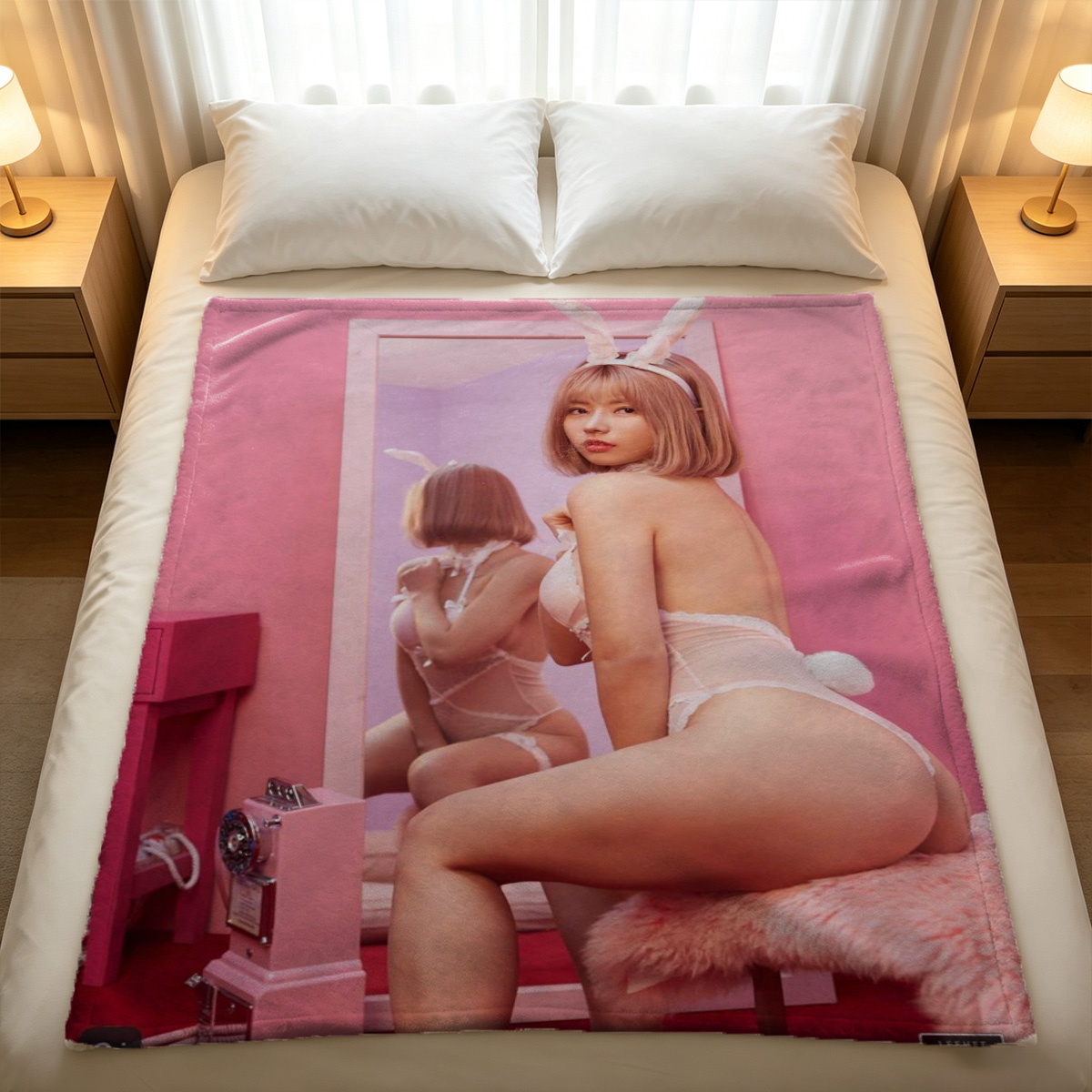 Blonde beauty in sheer polka dot lingerie kneeling on carpet. - Blanket