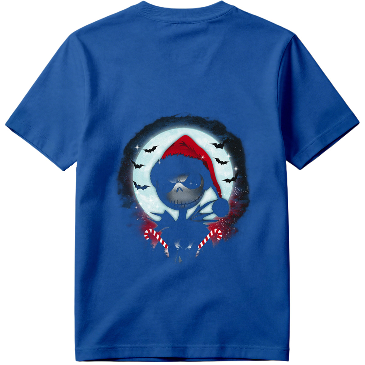 Jack Skellington in Santa Hat with Candy Canes Against Moonlit Sky - Tee