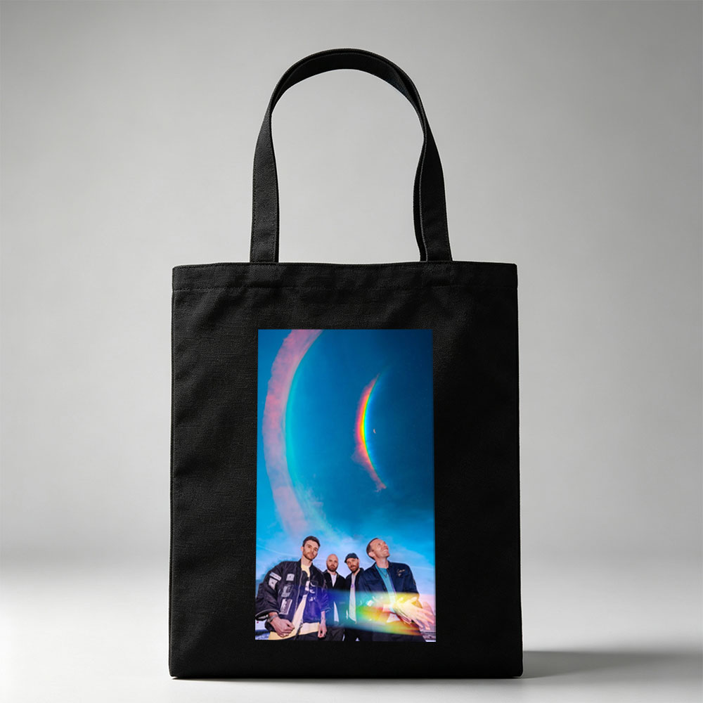 Coldplay in a Cosmic Scene with Rainbow Halo and Starry Sky Background - Canvas tote bags