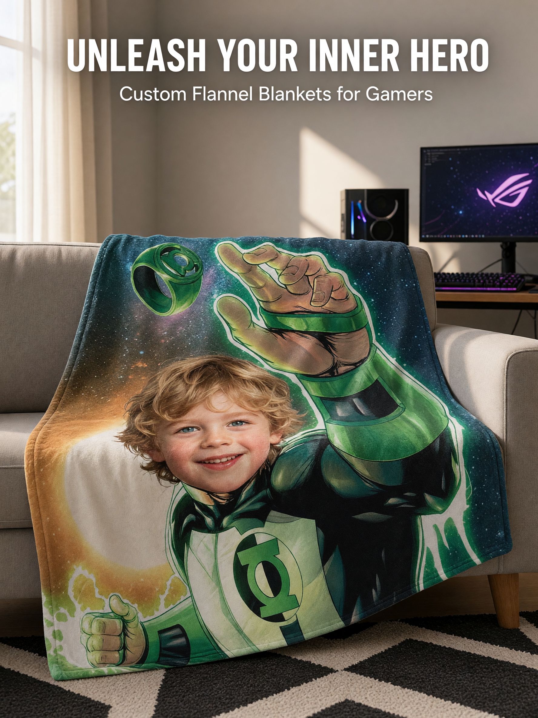 Custom Face Flannel Blanket Personalized Green Space Hero Avatar Throw Ultra-Soft Anti-Pilling Cozy Gift for Kids and
