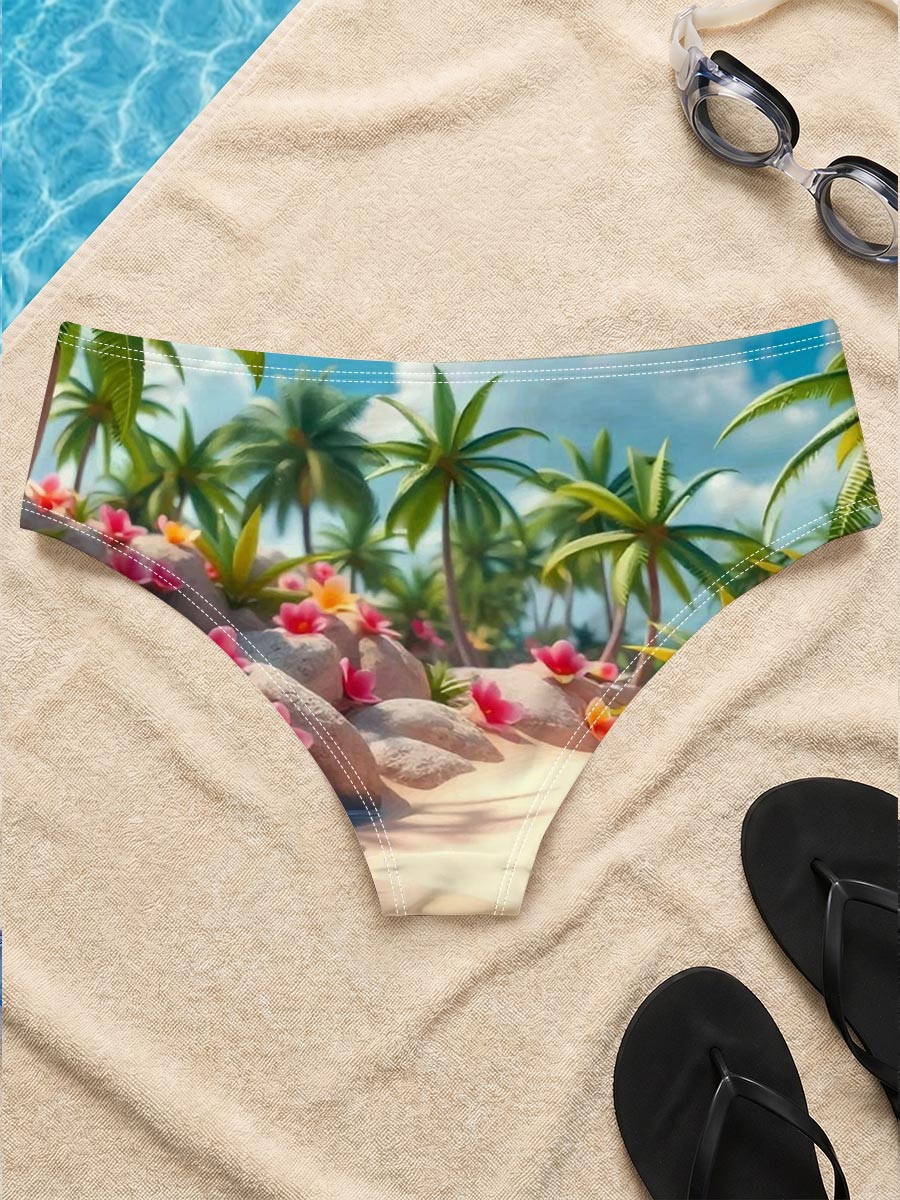 Tropical Beach with Palm Trees and Pink Flowers -  Men's swim trunks