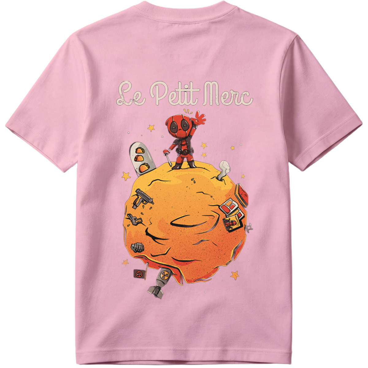 Deadpool on a Planet with Weapons and Space Items - Tee