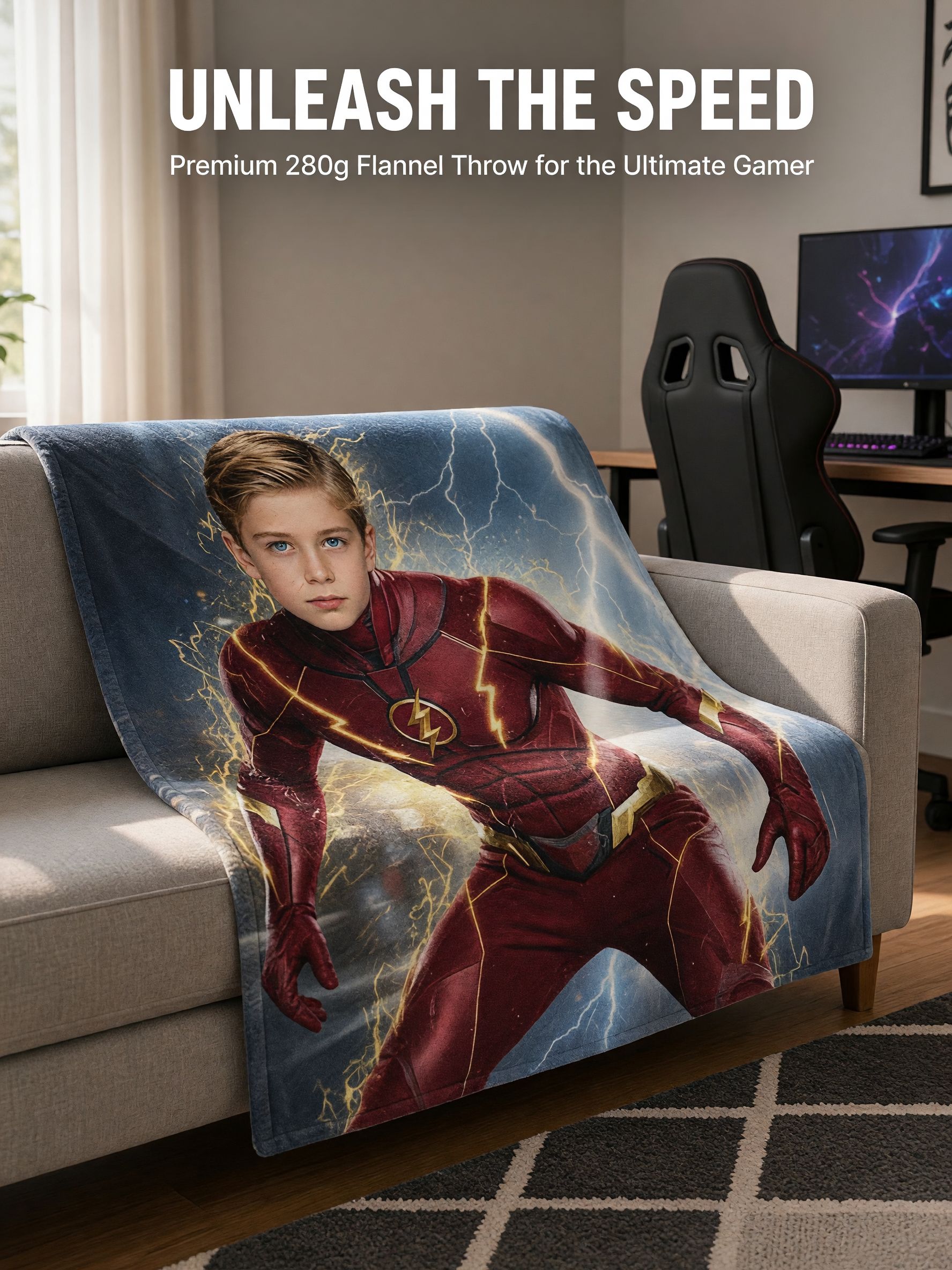 Personalized Face Superhero Flannel Blanket, Custom Photo Throw for Kids and Adults, Cozy Bed and Couch Gift