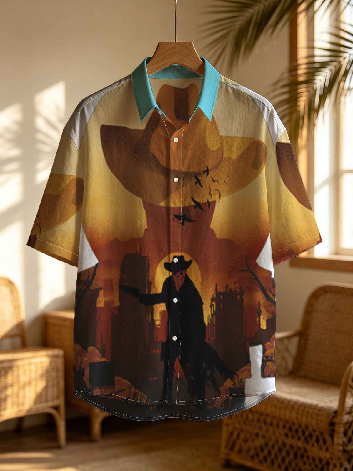 Cowboy Silhouette Against Sunset with Giant Hat and Birds in Sky -  Shirt