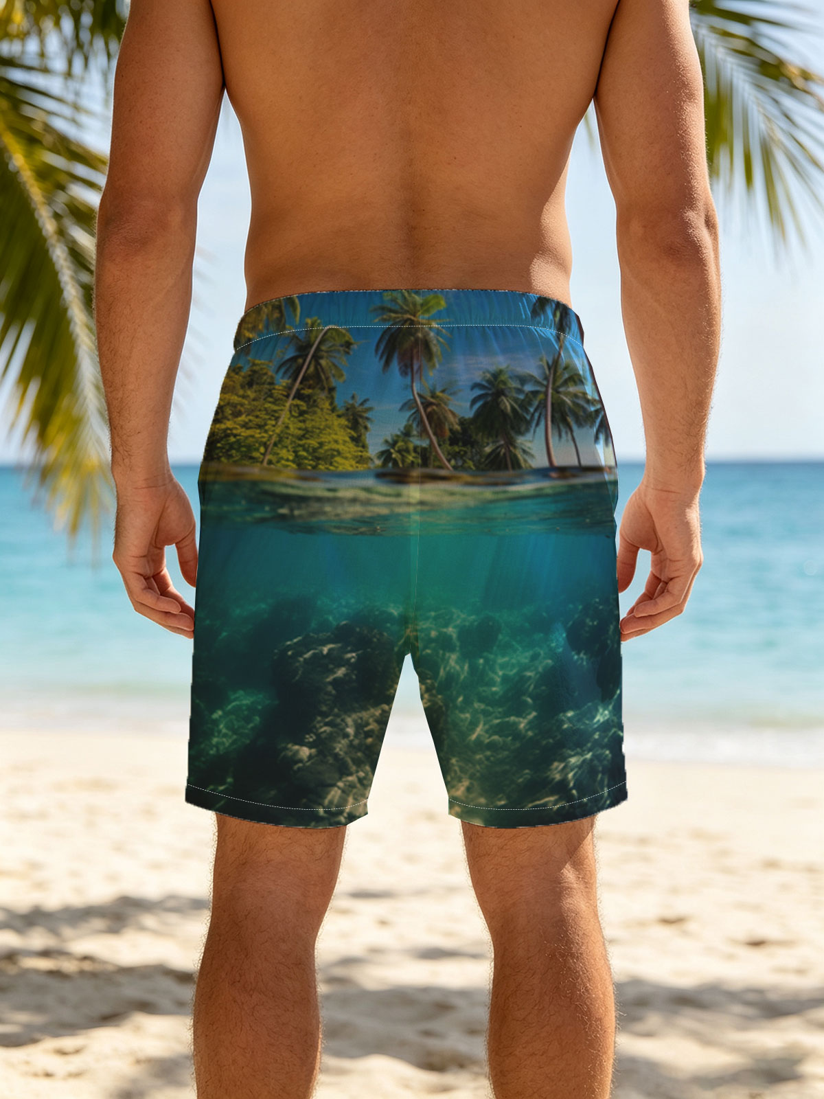 Tropical Paradise: Palm Trees and Coral Reef Underwater -  Beach shorts