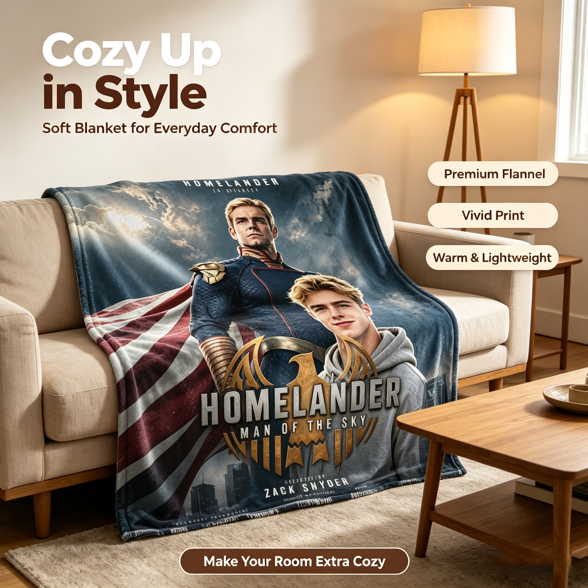Custom Face Blanket Homelander Man of the Sky Flannel Blanket Superhero Fan Gift for Teens and Adults Perfect for Couch, Bed, or Movie Night Giveaway